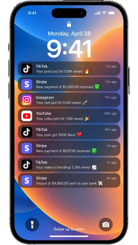 Phone lock screen full of TikTok, Instagram, and YouTube view alerts and Stripe payments